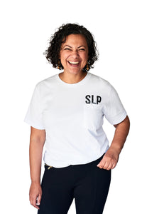 Model wearing the SLP pocket t-shirt in white