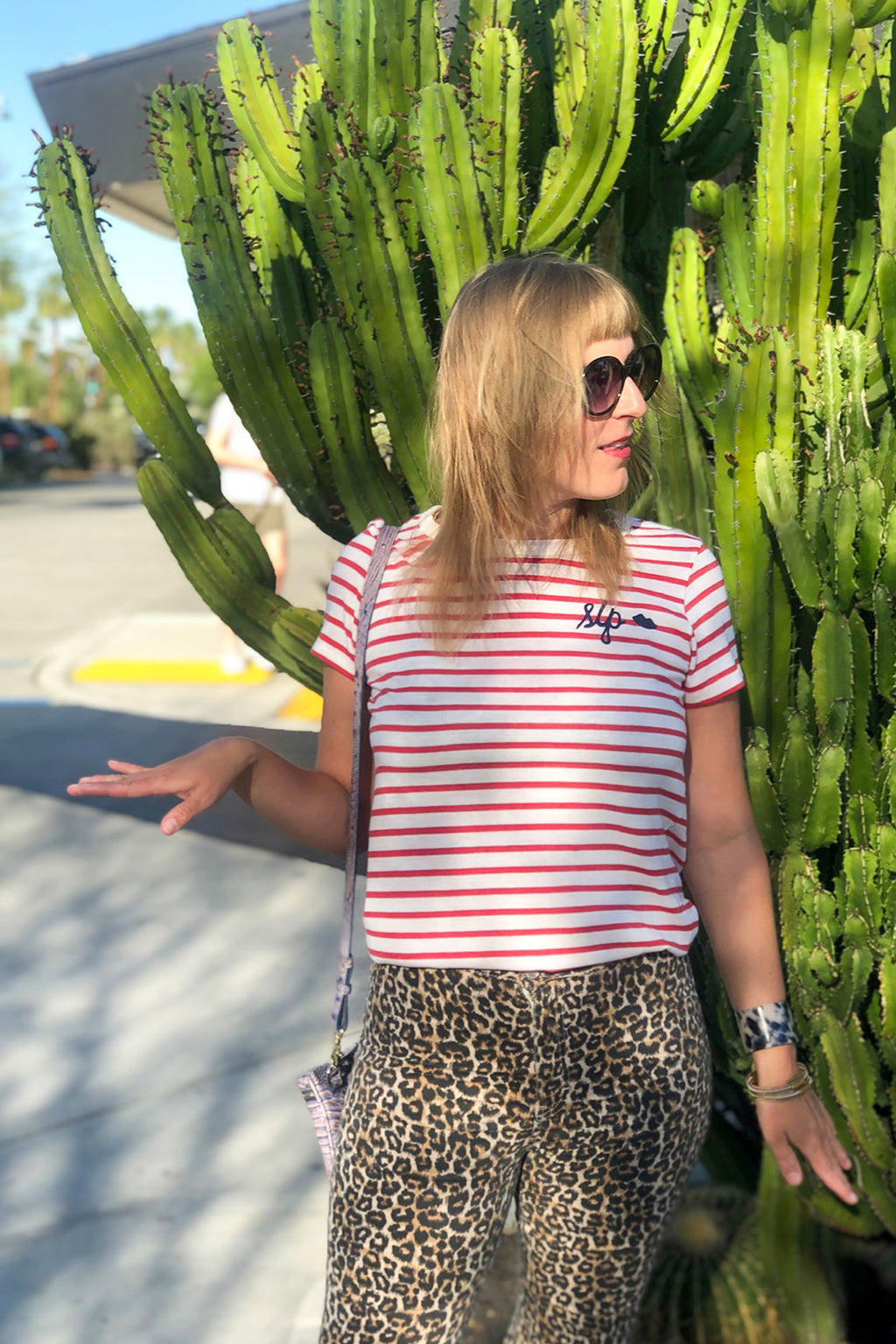 Person standing by a cactus wearing The Stripes t-shirt in white and red