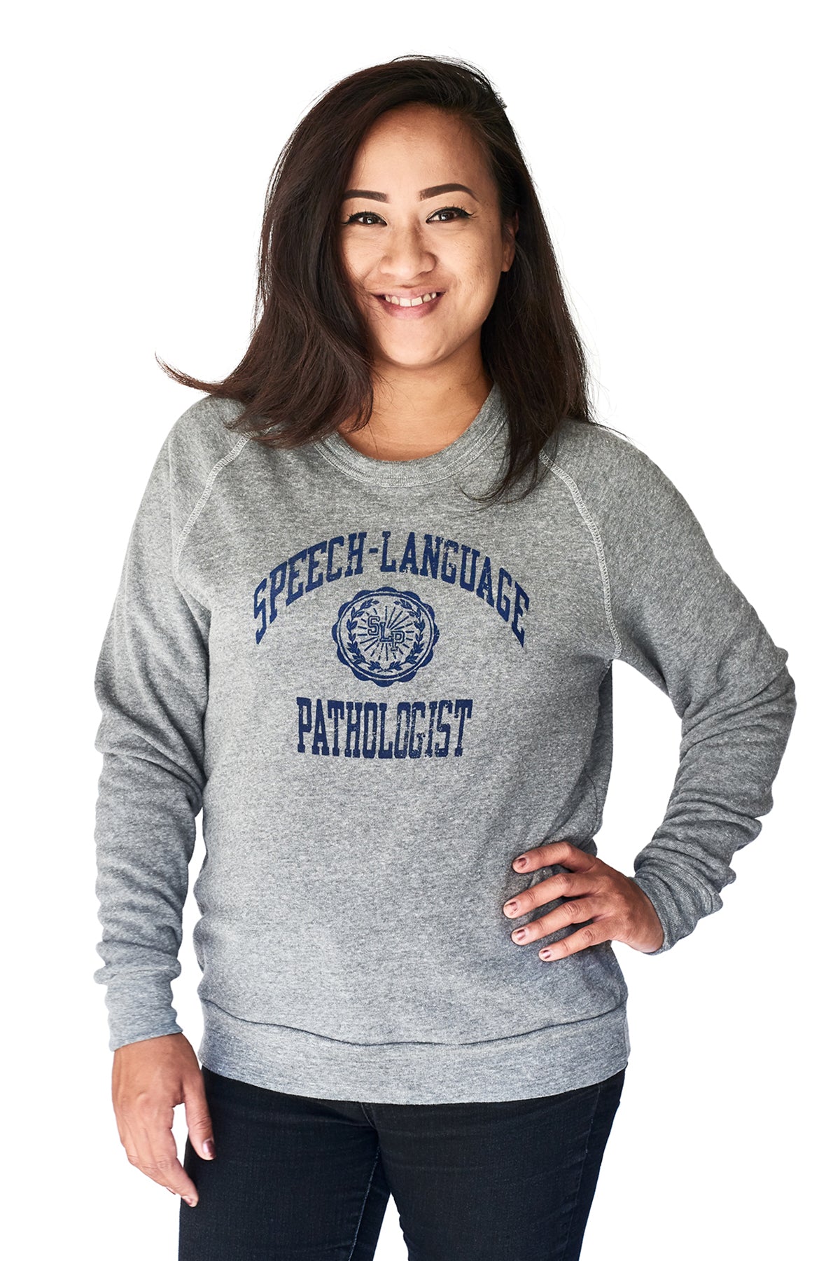 Model wearing the Speech-Language Pathologist UNI sweatshirt in grey